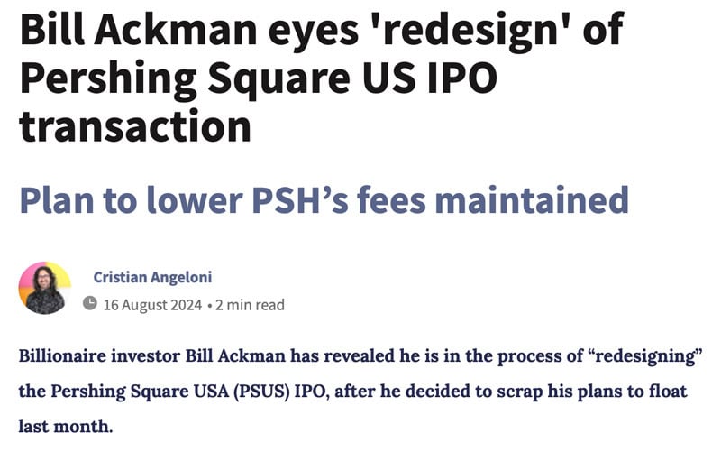 Bill Ackman eyes redesign of Pershing Square US IPO transaction