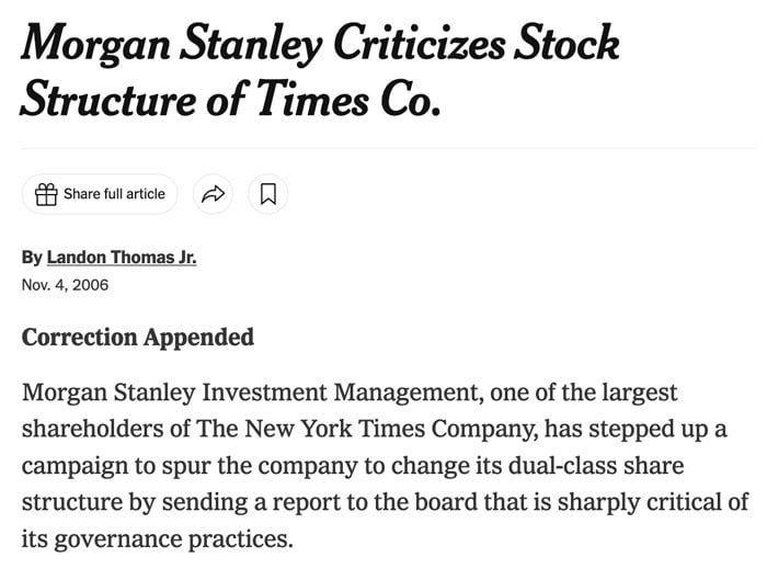 Morgan Stanley criticizes stock structure of Times