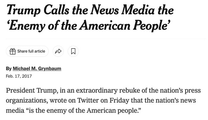 Trump calls news media enemy of the American people