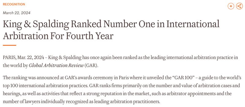 King & Spalding Ranked Number One in International Arbitration For Fourth Year