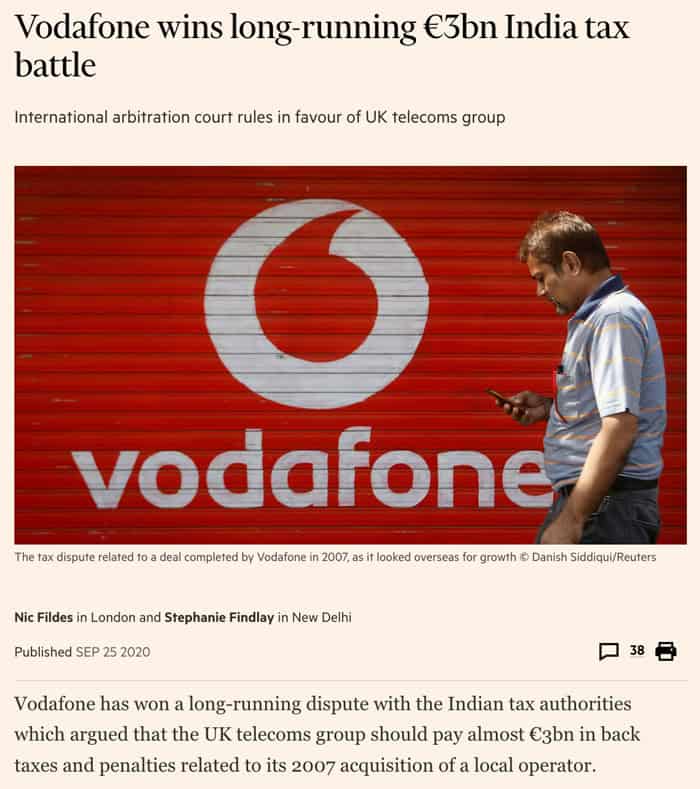 Vodafone wins long-running €3bn India tax battle 